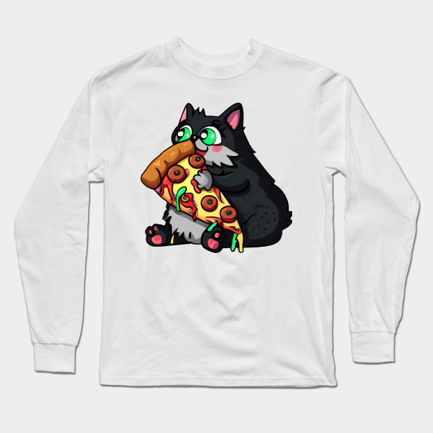 Fat cat eating pizza Long Sleeve T-Shirt by Meowsiful